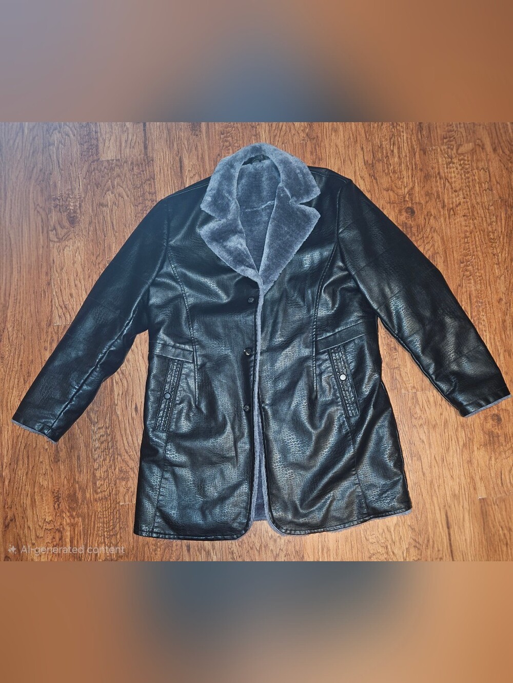 Men's Black Faux Leather Coat with Gray Shearling Collar